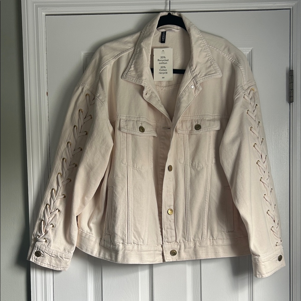 H&M Cream Lace-Up Sleeve Denim Jacket